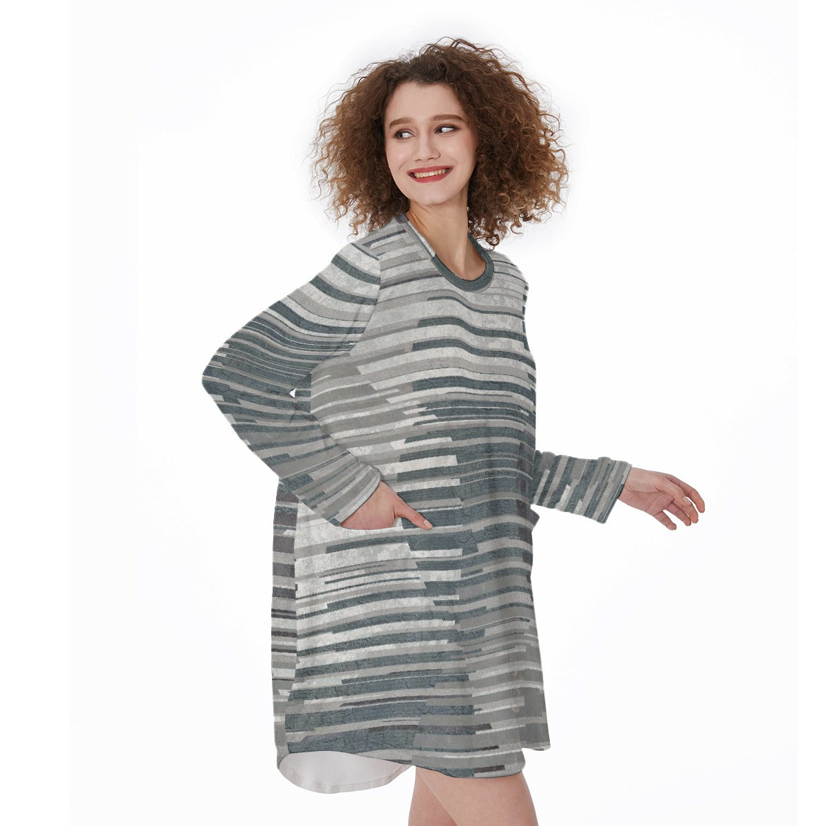 All-Over Print Women's Casual Loose Long Sleeve Dress With Pocket