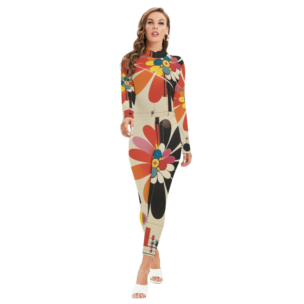 All-Over Print Women's Long-sleeved High-neck Jumpsuit With Zipper