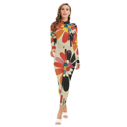 All-Over Print Women's Long-sleeved High-neck Jumpsuit With Zipper