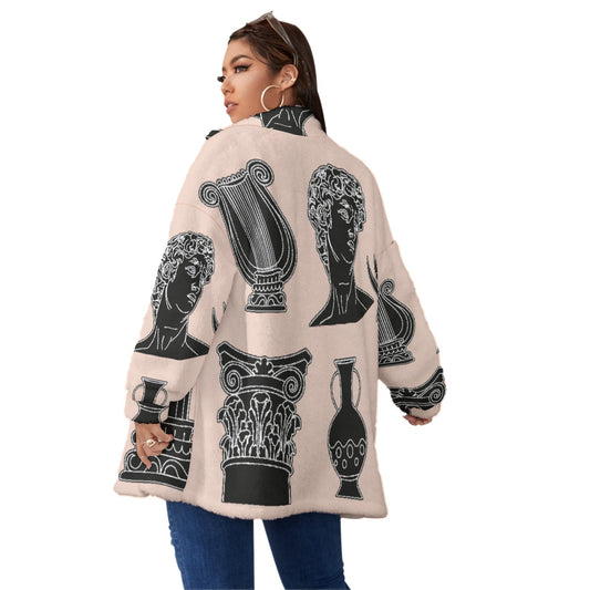 All-Over Print Unisex Borg Fleece Stand-up Collar Coat With Zipper Closure(Plus Size)