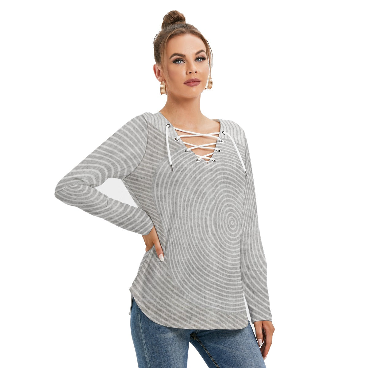 All-Over Print Women's Long Sleeve Neckline Tie Sweatshirt