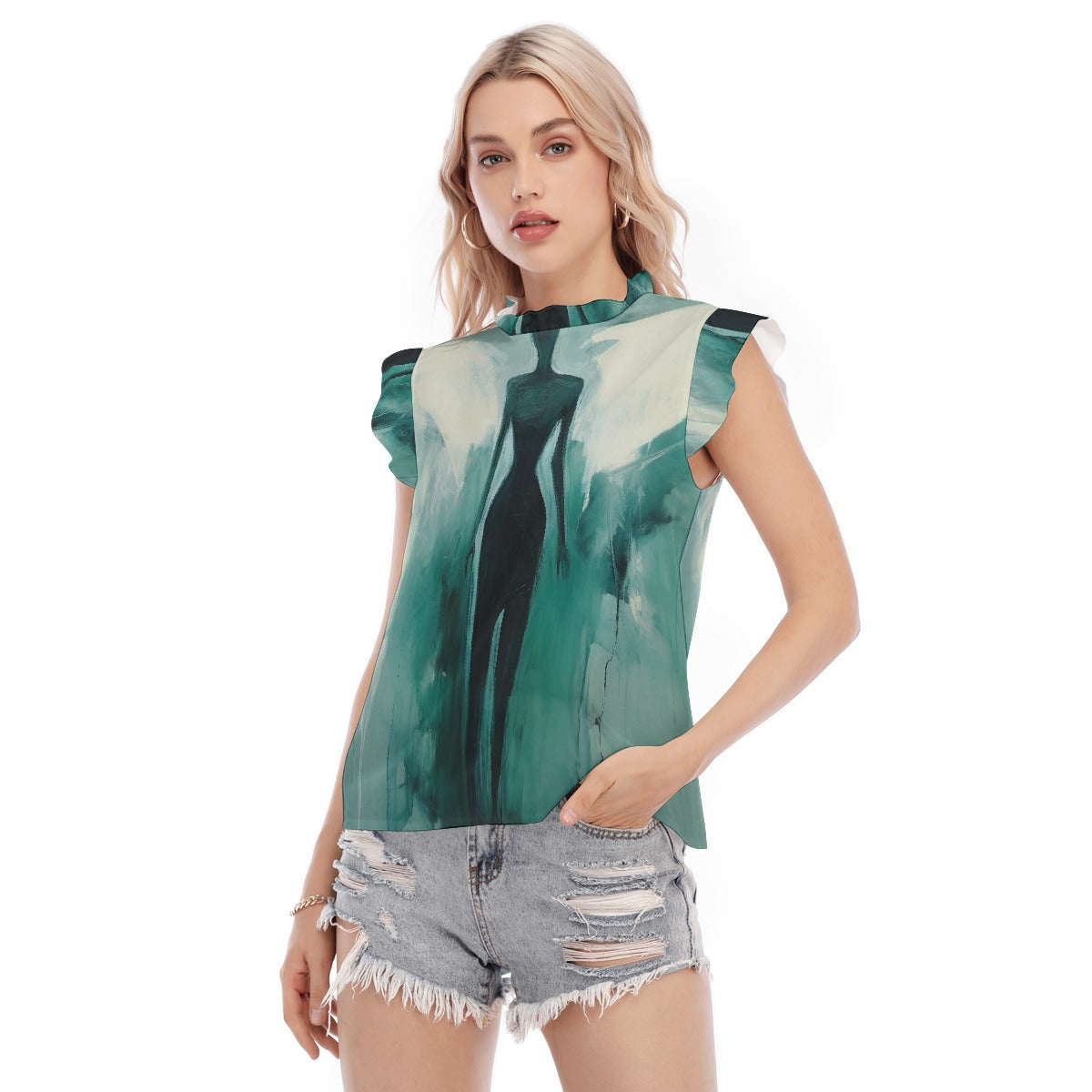 All-Over Print Women's Blouse With Ruffle Collar And Sleeve