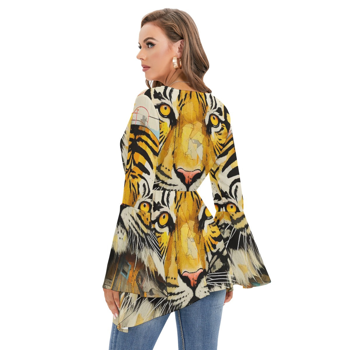 All-Over Print Women's V-neck Blouse With Flared Sleeves