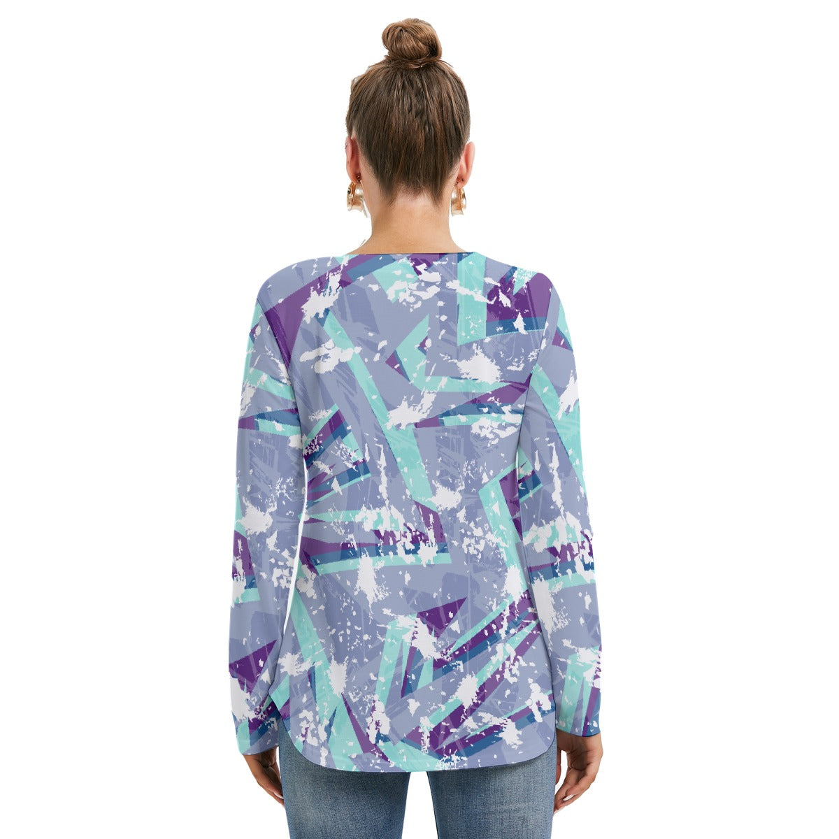 All-Over Print Women's Long Sleeve Neckline Tie Sweatshirt