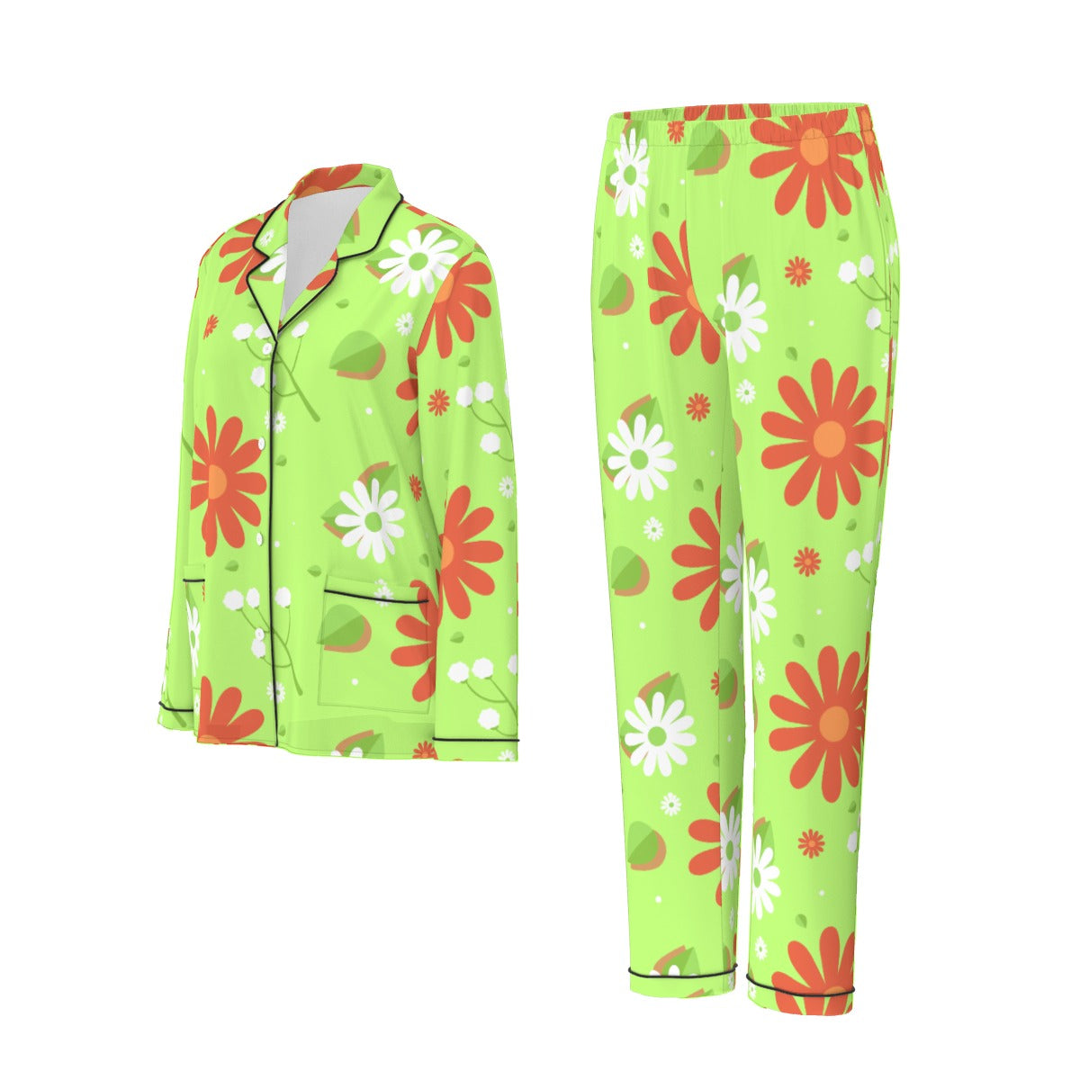 All-Over Print Women's Long Sleeve Pajama Set With Black Contrast Piping