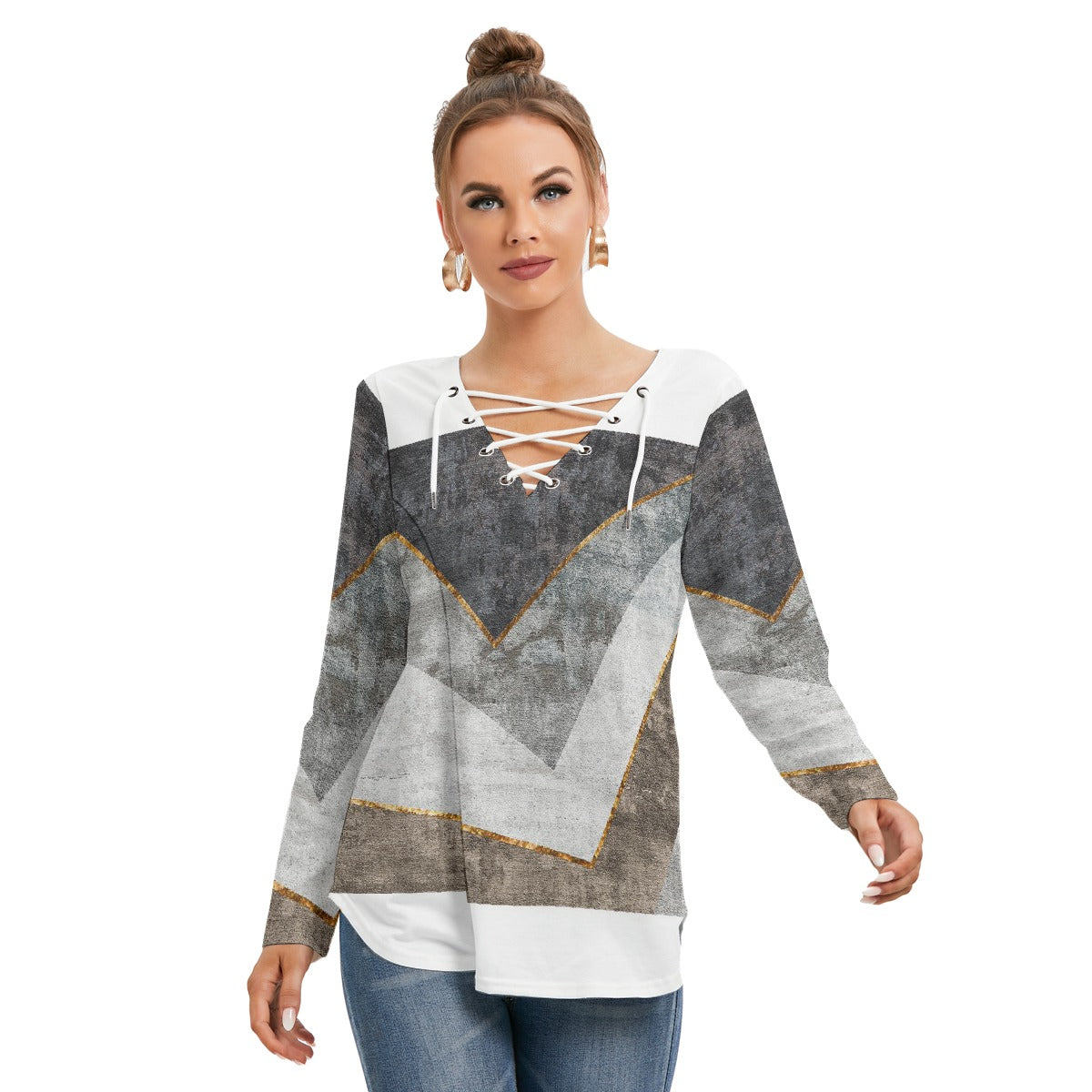 All-Over Print Women's Long Sleeve Neckline Tie Sweatshirt