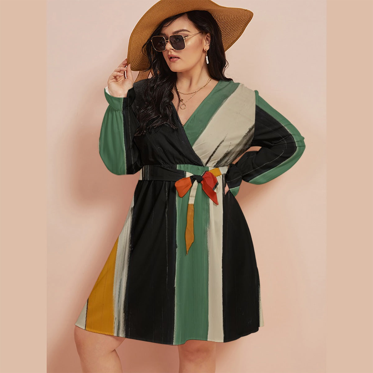 All-Over Print Women's V-neck Dress With Waistband(Plus Size)