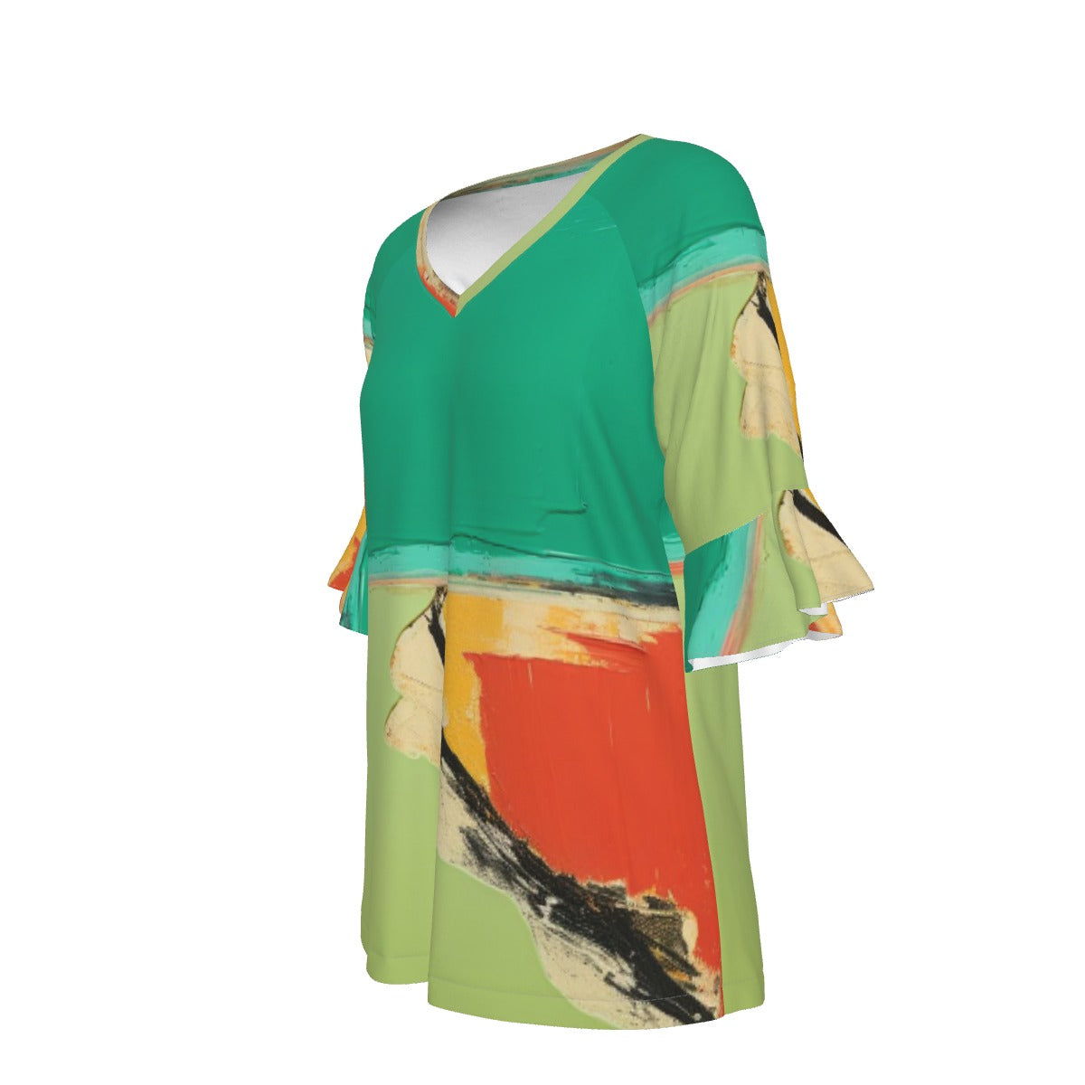 All-Over Print V-neck Women's T-shirt With Bell Sleeve