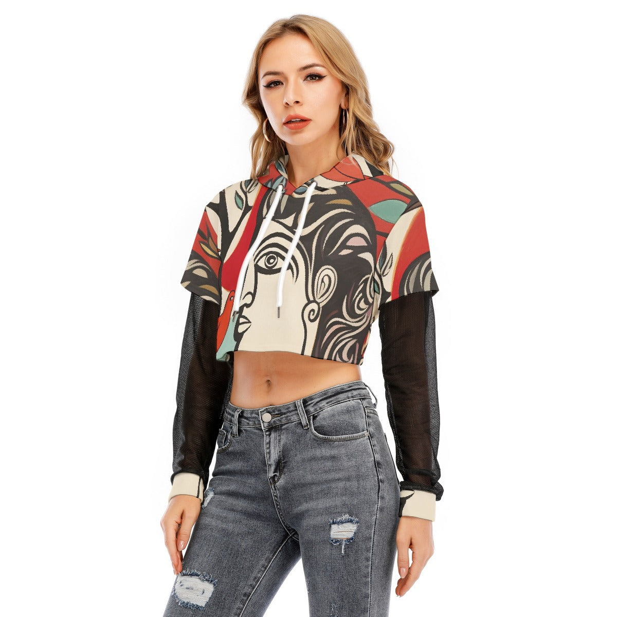 All-Over Print Women's Fake Two-piece Mesh Sleeve Cropped Hoodie