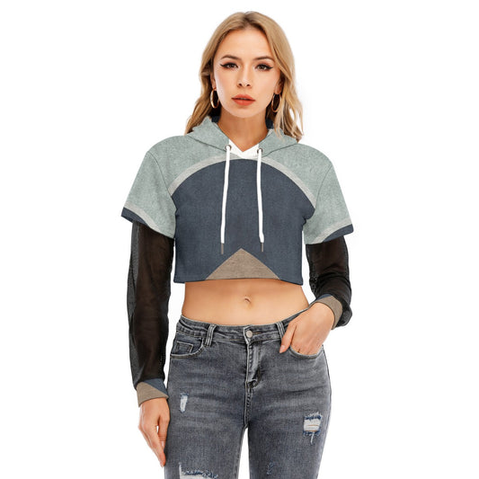 All-Over Print Women's Fake Two-piece Mesh Sleeve Cropped Hoodie