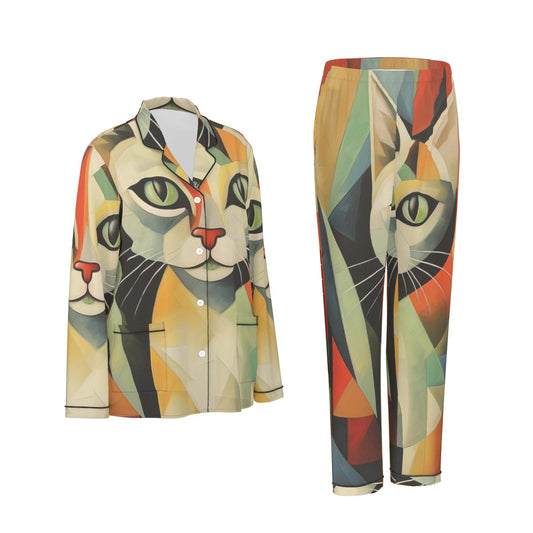 All-Over Print Women's Long Sleeve Pajama Set With Black Contrast Piping