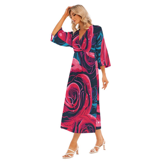All-Over Print Women's Mid-Sleeve Long Dress