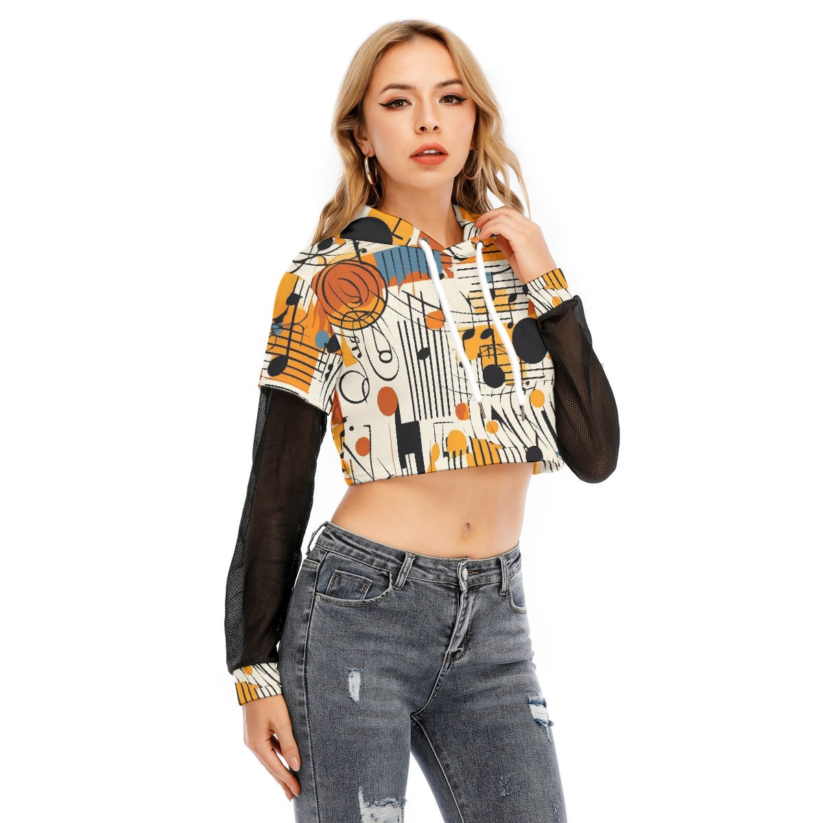 All-Over Print Women's Fake Two-piece Mesh Sleeve Cropped Hoodie