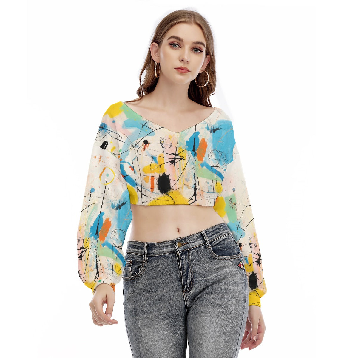 All-Over Print Women's V-neck Long Sleeve Cropped Sweatshirt