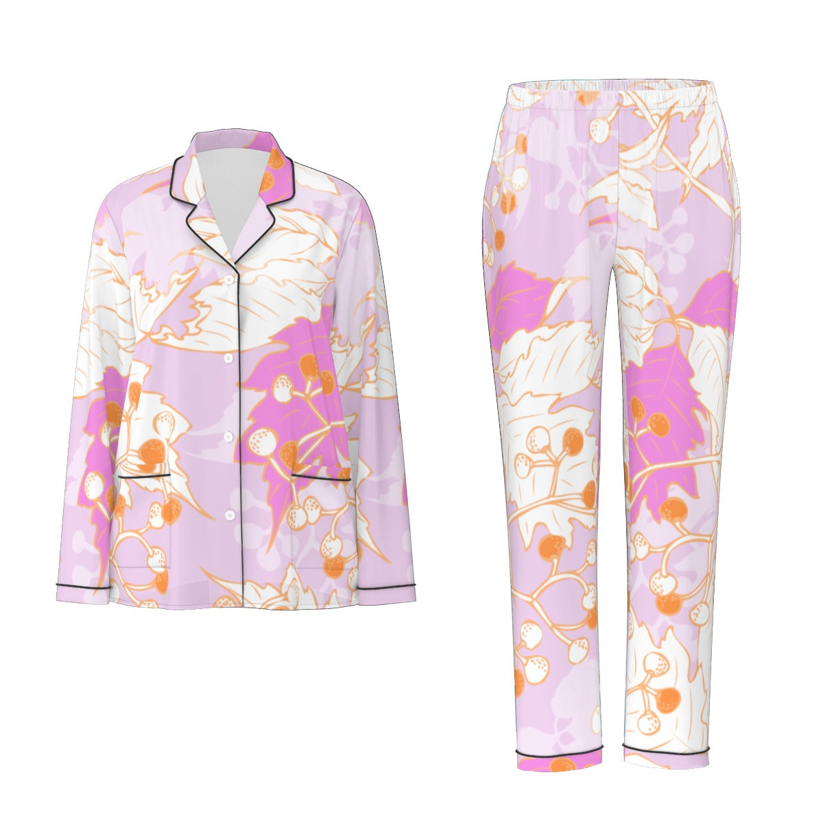 All-Over Print Women's Long Sleeve Pajama Set With Black Contrast Piping