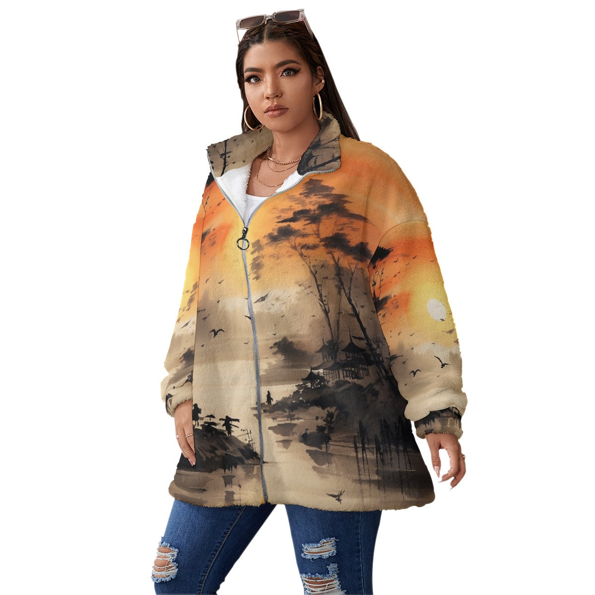 All-Over Print Unisex Borg Fleece Stand-up Collar Coat With Zipper Closure(Plus Size)
