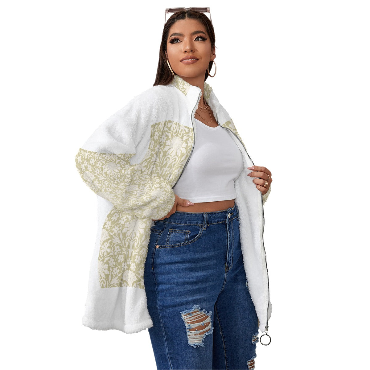 All-Over Print Unisex Borg Fleece Stand-up Collar Coat With Zipper Closure(Plus Size)