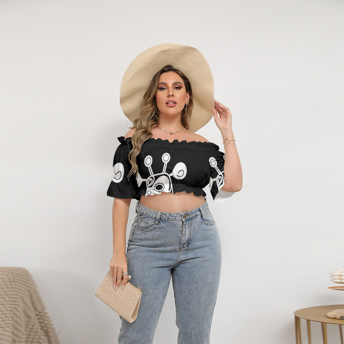 All-Over Print Women's Off-shoulder Cropped Top With Short Puff Sleeve