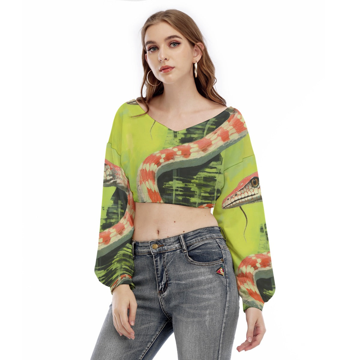 All-Over Print Women's V-neck Long Sleeve Cropped Sweatshirt