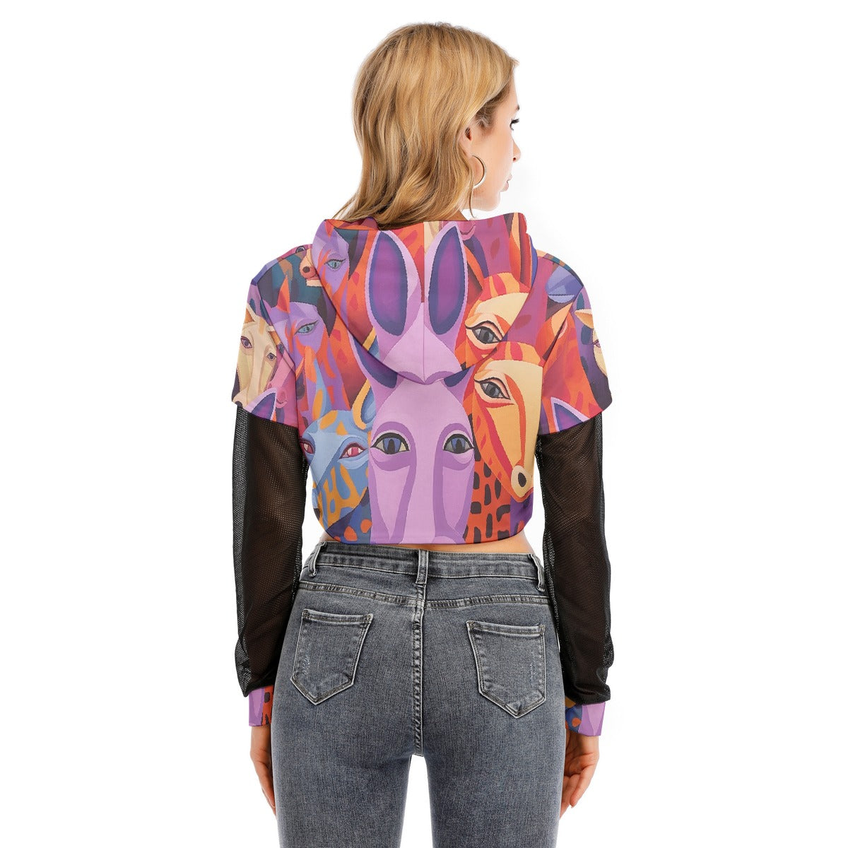 All-Over Print Women's Fake Two-piece Mesh Sleeve Cropped Hoodie