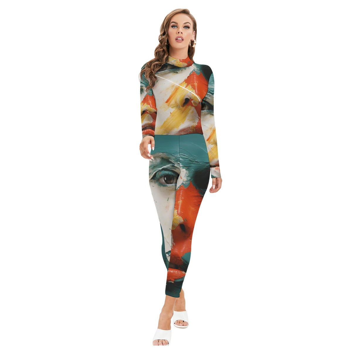 All-Over Print Women's Long-sleeved High-neck Jumpsuit With Zipper