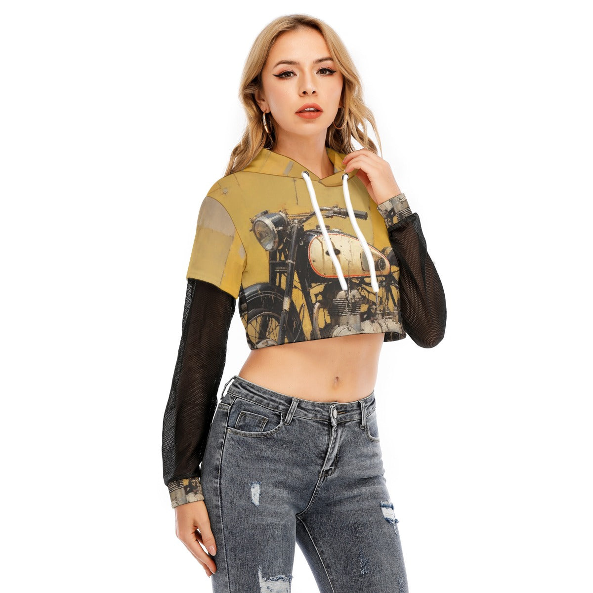 All-Over Print Women's Fake Two-piece Mesh Sleeve Cropped Hoodie
