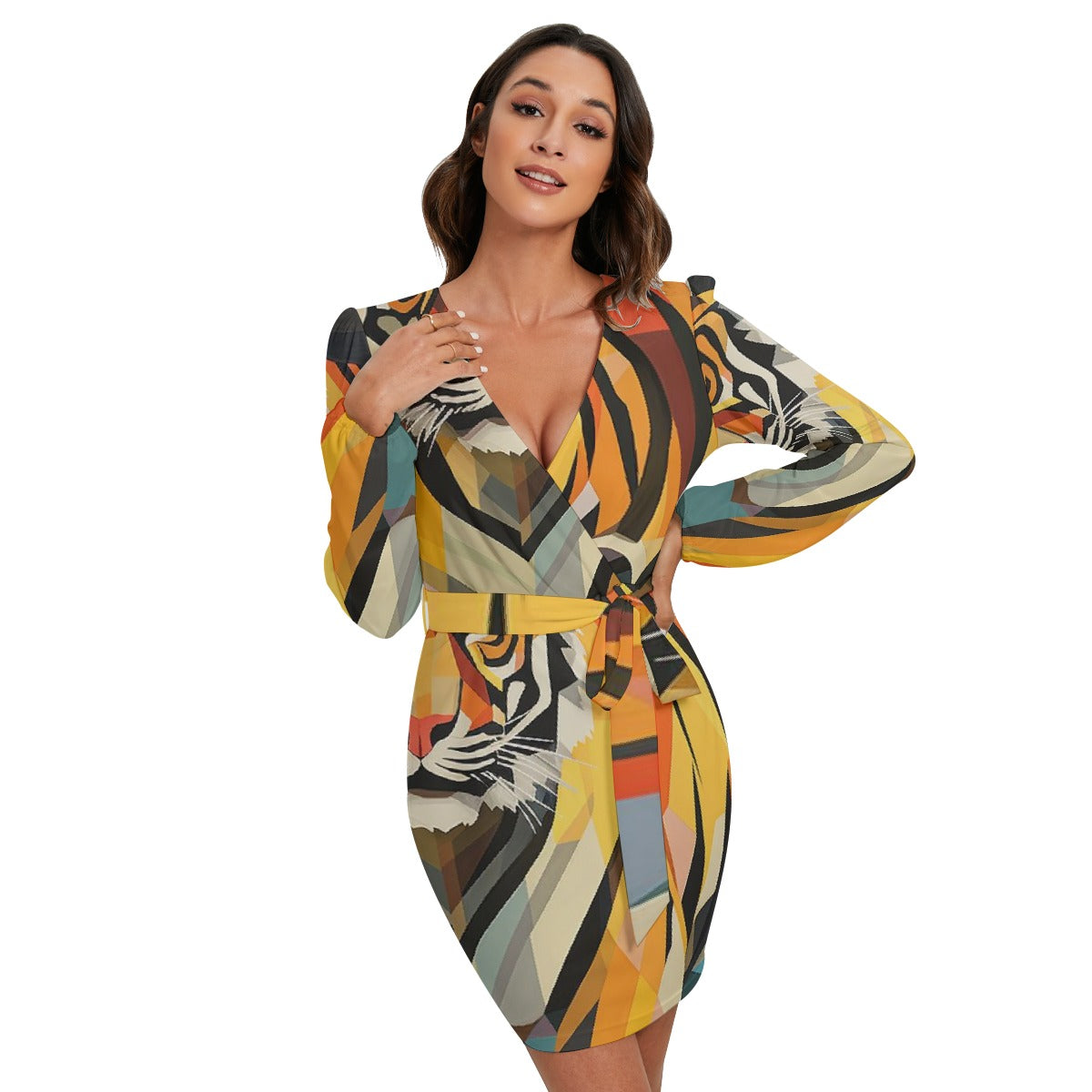 All-Over Print Women's Long Sleeve Dress With Waist Belt