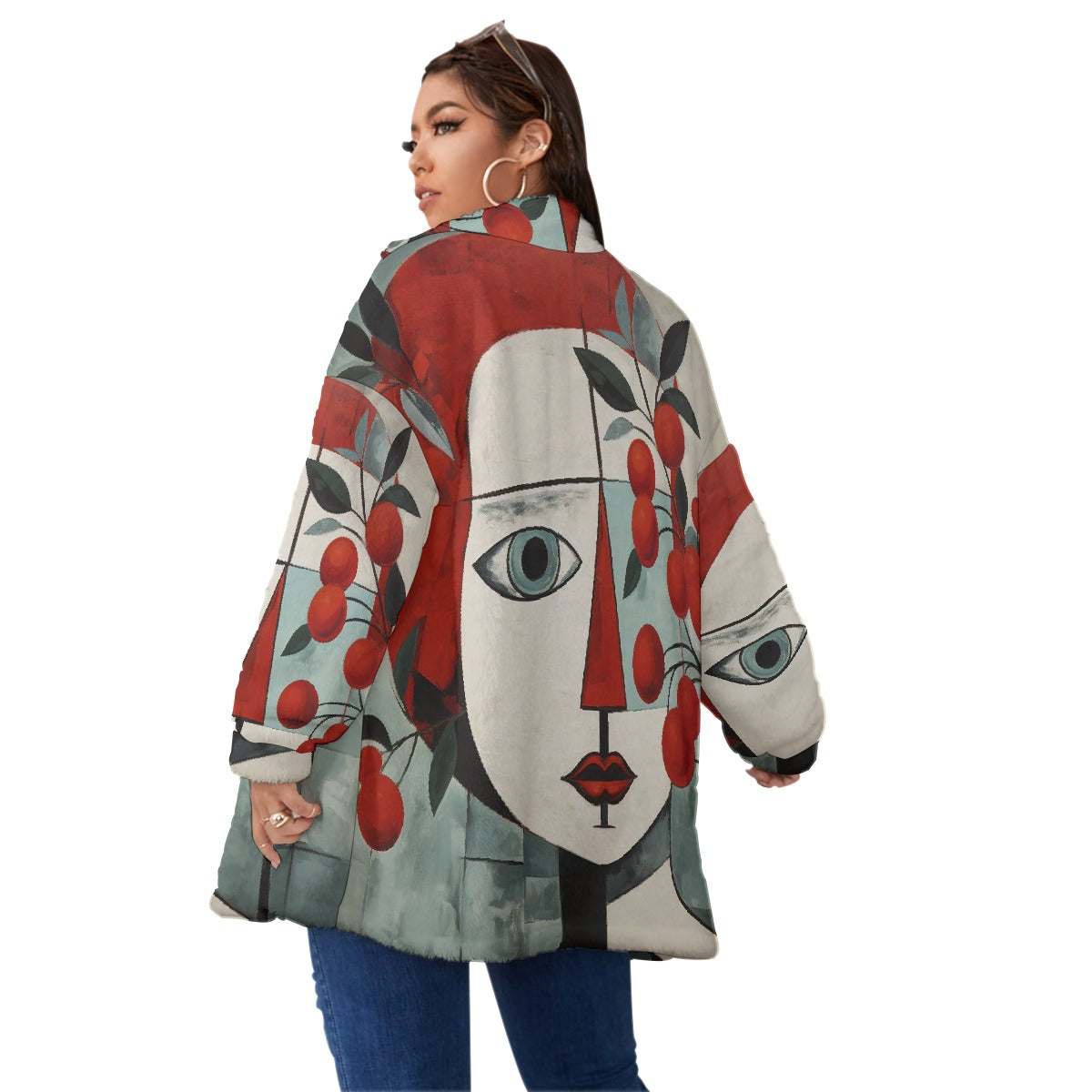 All-Over Print Unisex Borg Fleece Stand-up Collar Coat With Zipper Closure(Plus Size)