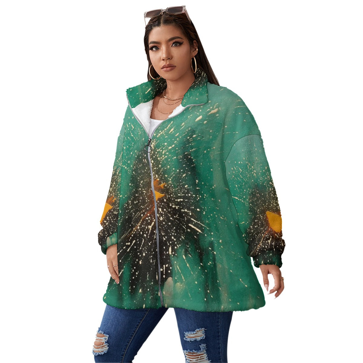 All-Over Print Unisex Borg Fleece Stand-up Collar Coat With Zipper Closure(Plus Size)
