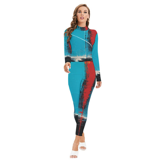 All-Over Print Women's Long-sleeved High-neck Jumpsuit With Zipper