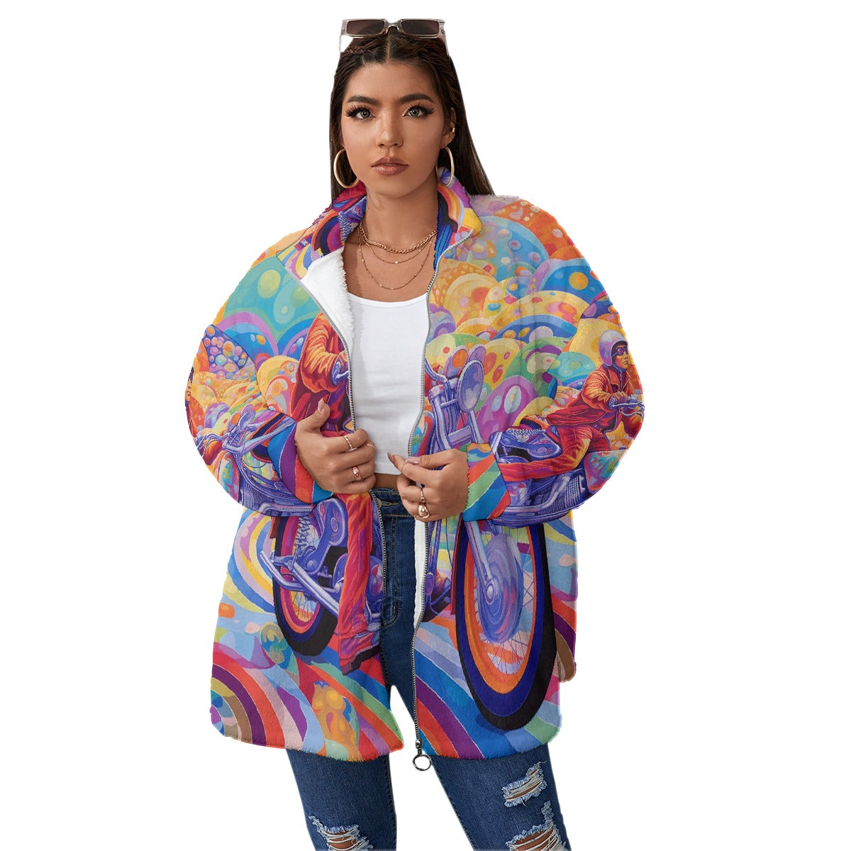 All-Over Print Unisex Borg Fleece Stand-up Collar Coat With Zipper Closure(Plus Size)