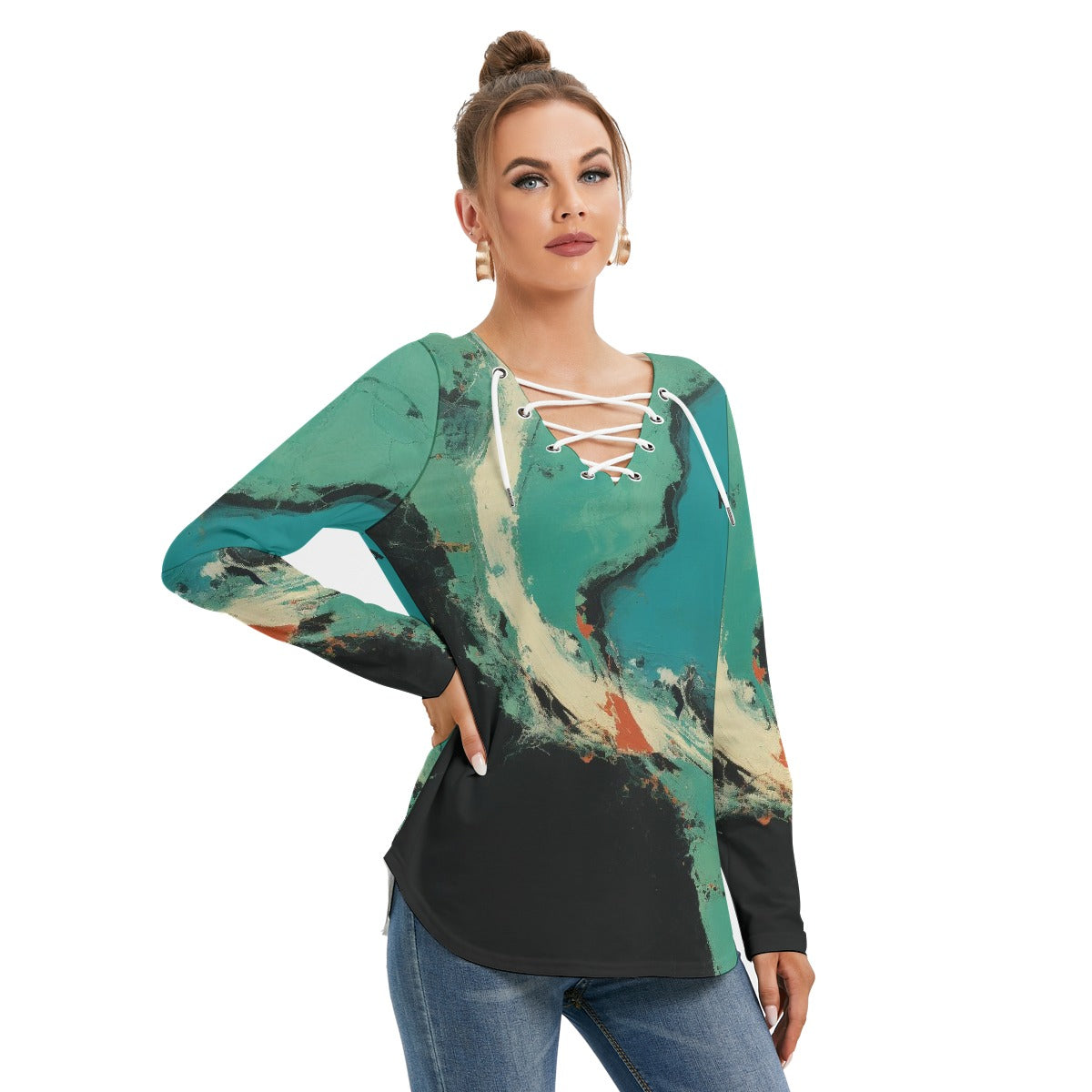 All-Over Print Women's Long Sleeve Neckline Tie Sweatshirt