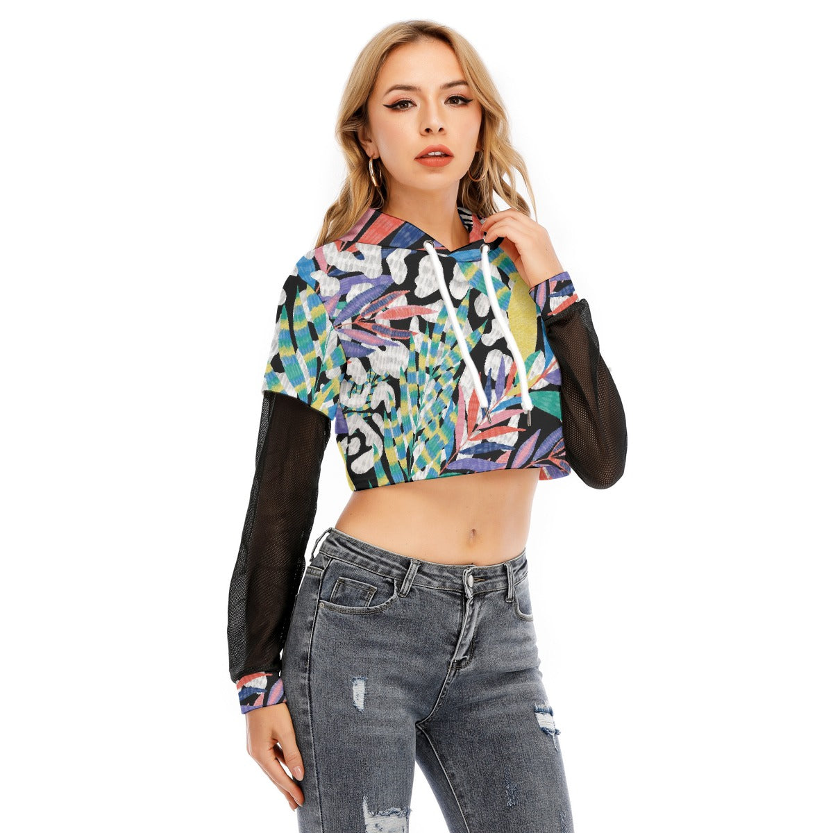 All-Over Print Women's Fake Two-piece Mesh Sleeve Cropped Hoodie