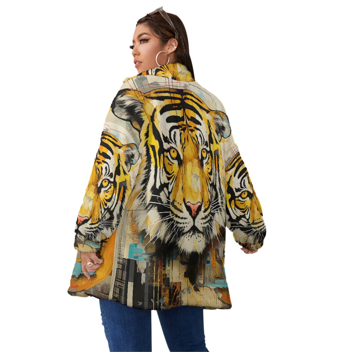 All-Over Print Unisex Borg Fleece Stand-up Collar Coat With Zipper Closure(Plus Size)