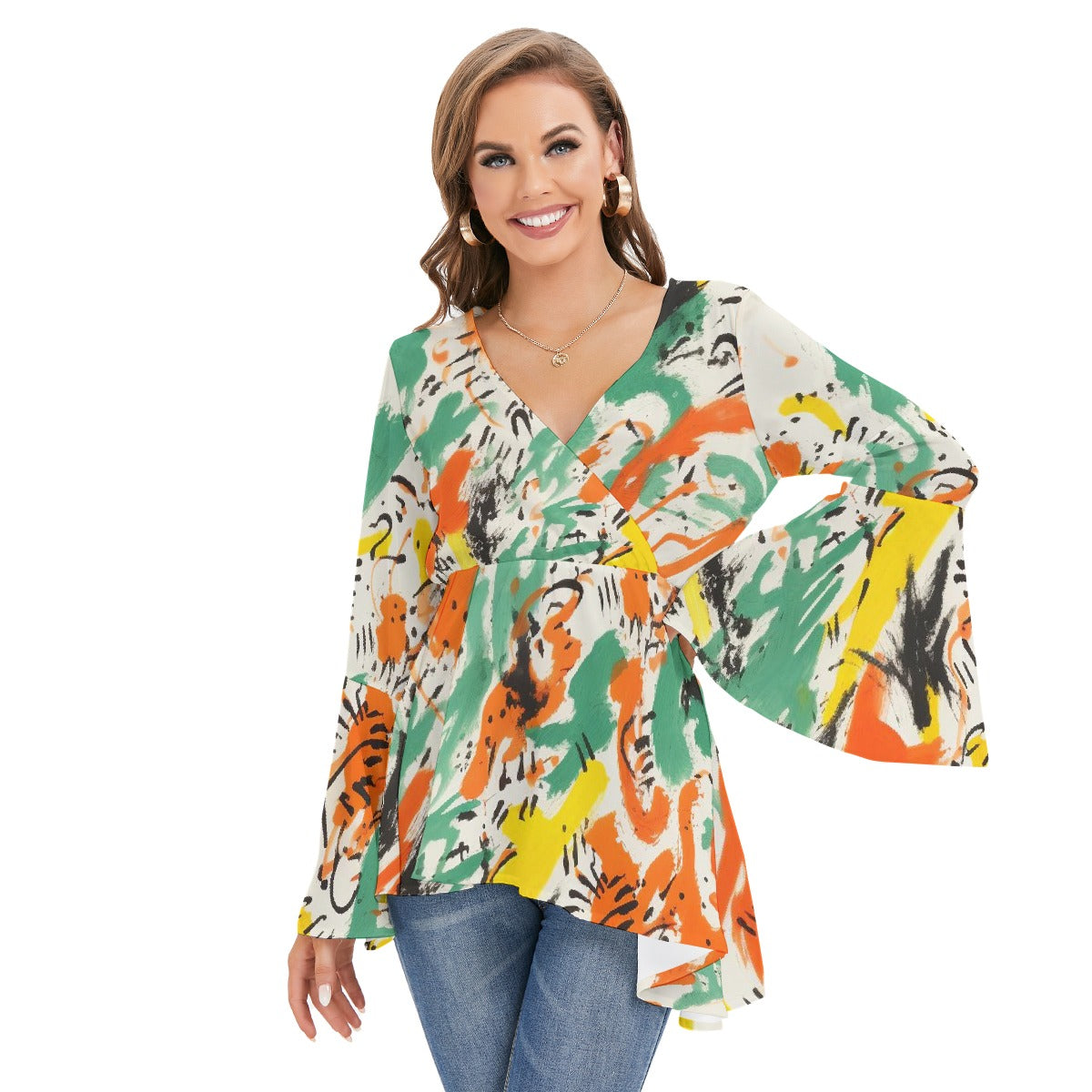 All-Over Print Women's V-neck Blouse With Flared Sleeves