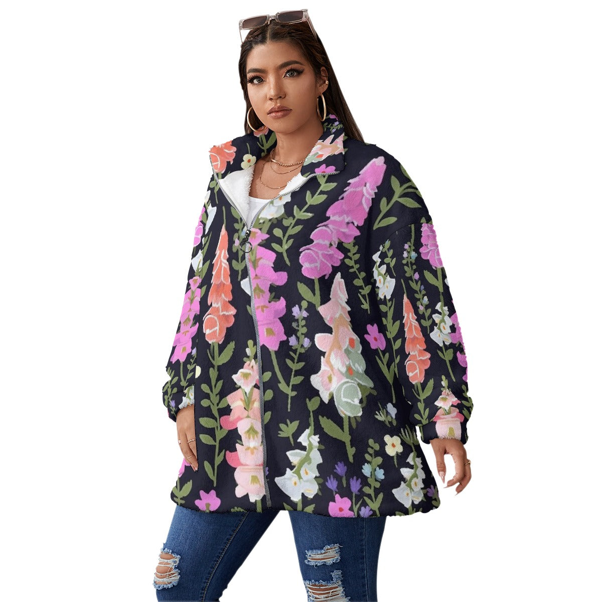 All-Over Print Unisex Borg Fleece Stand-up Collar Coat With Zipper Closure(Plus Size)