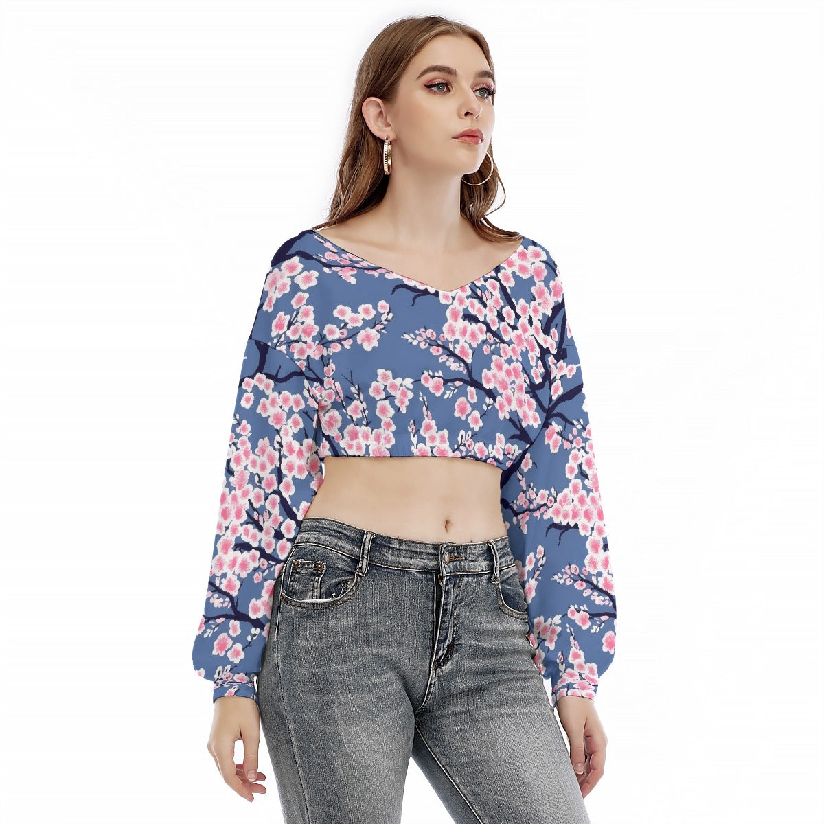 All-Over Print Women's V-neck Long Sleeve Cropped Sweatshirt