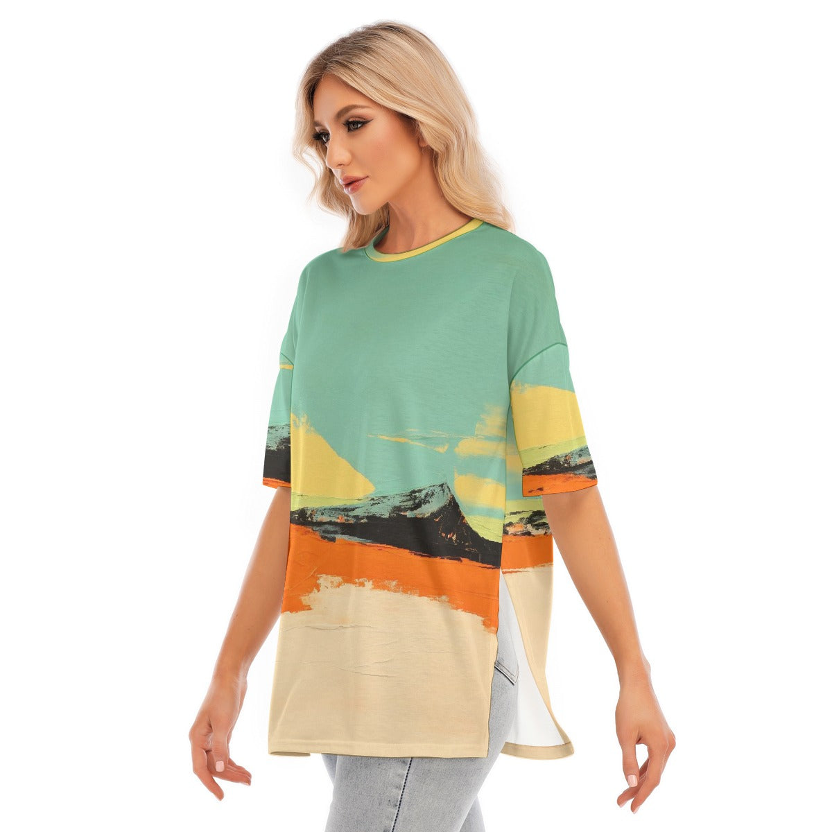 All-Over Print Women's Short Sleeves T-shirt With Hem Split