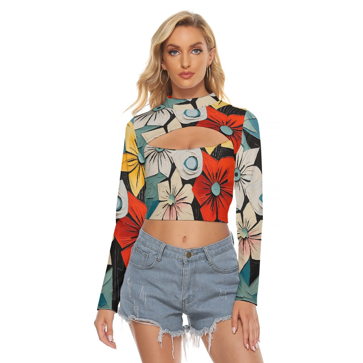 All-Over Print Women's Hollow Chest Keyhole Tight Crop Top