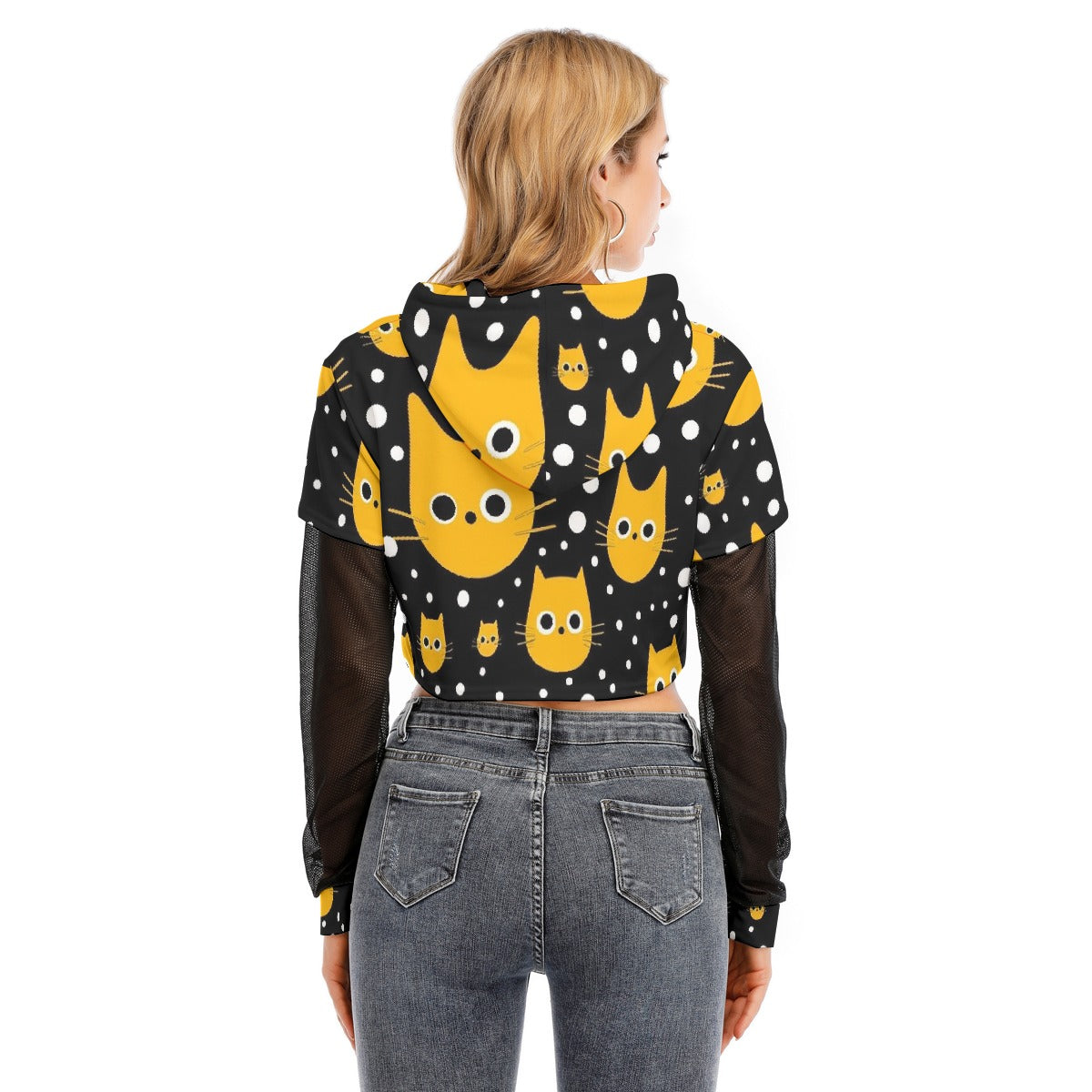 All-Over Print Women's Fake Two-piece Mesh Sleeve Cropped Hoodie