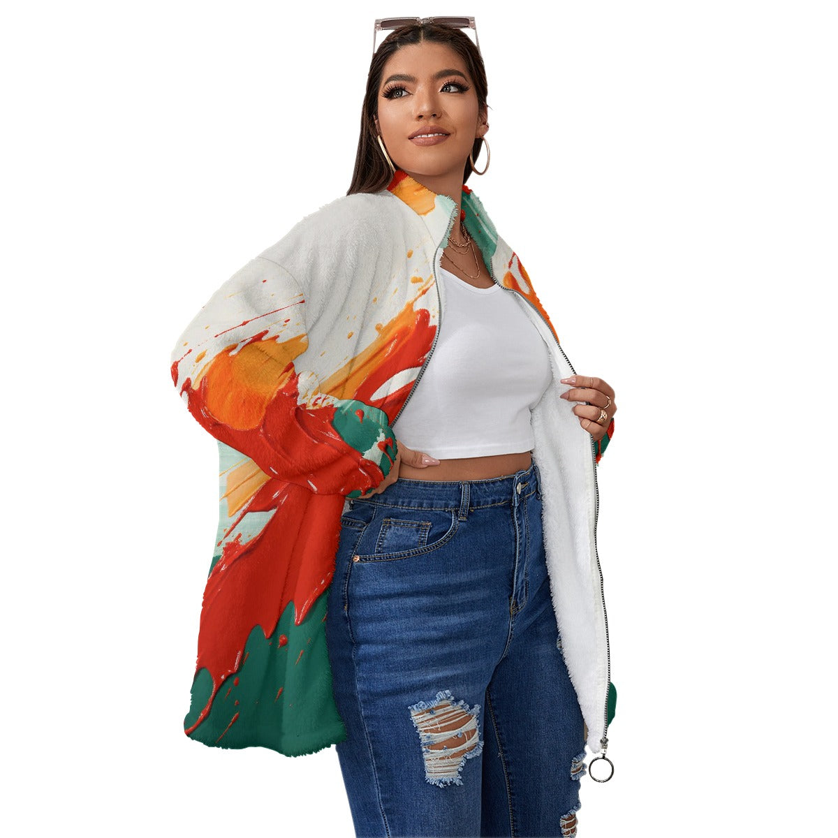 All-Over Print Unisex Borg Fleece Stand-up Collar Coat With Zipper Closure(Plus Size)