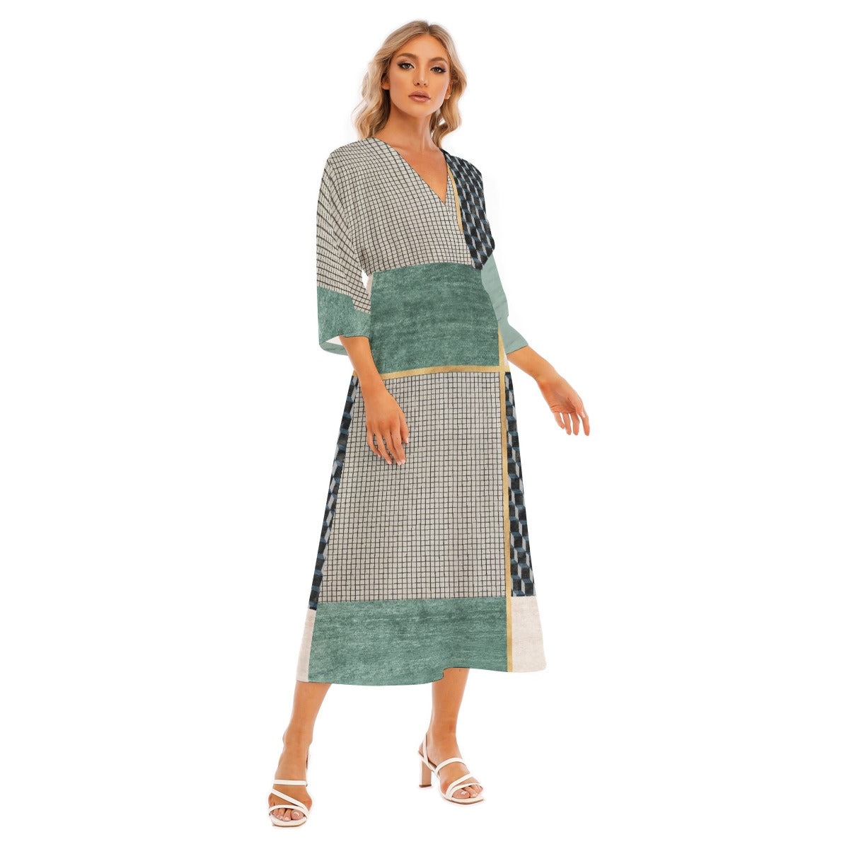 All-Over Print Women's Mid-Sleeve Long Dress