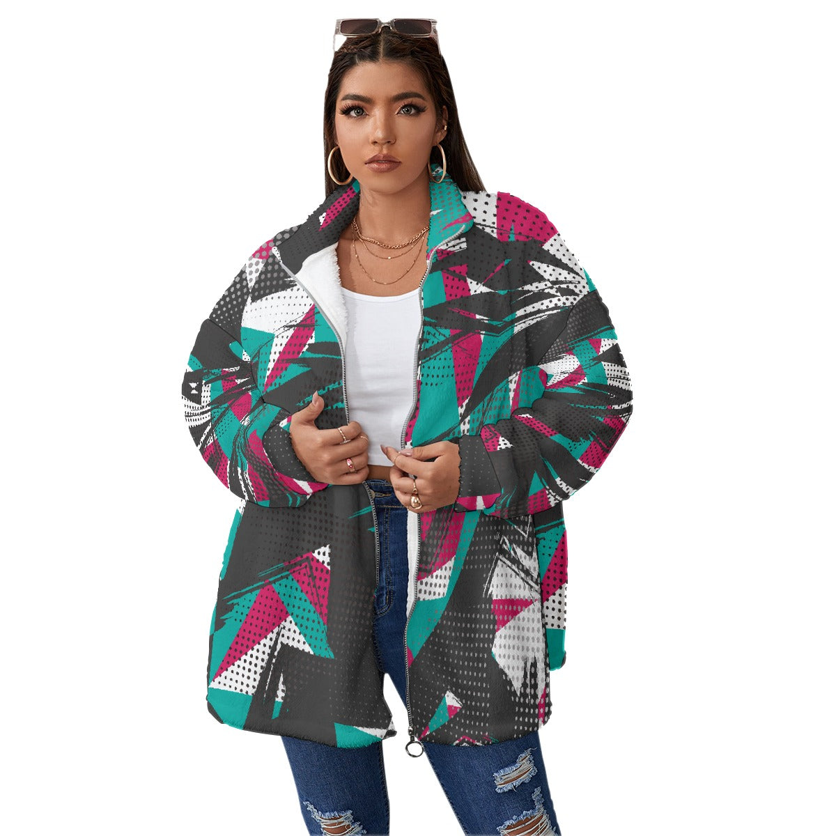 All-Over Print Unisex Borg Fleece Stand-up Collar Coat With Zipper Closure(Plus Size)