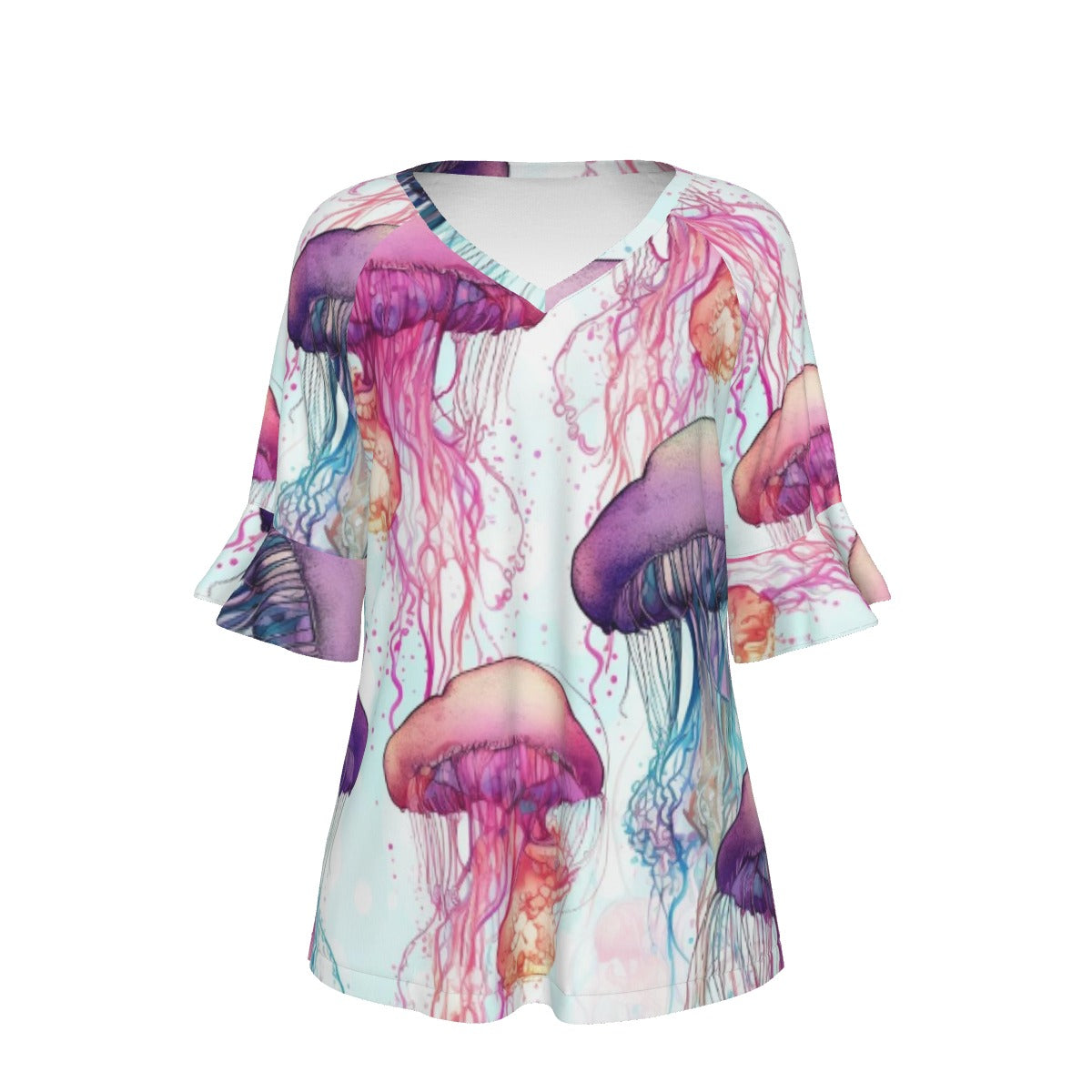 All-Over Print V-neck Women's T-shirt With Bell Sleeve