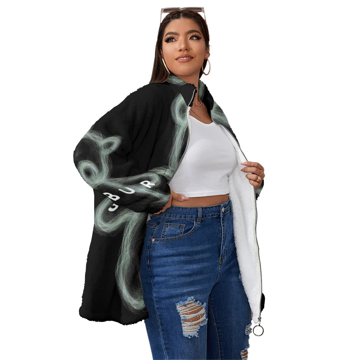 All-Over Print Unisex Borg Fleece Stand-up Collar Coat With Zipper Closure(Plus Size)