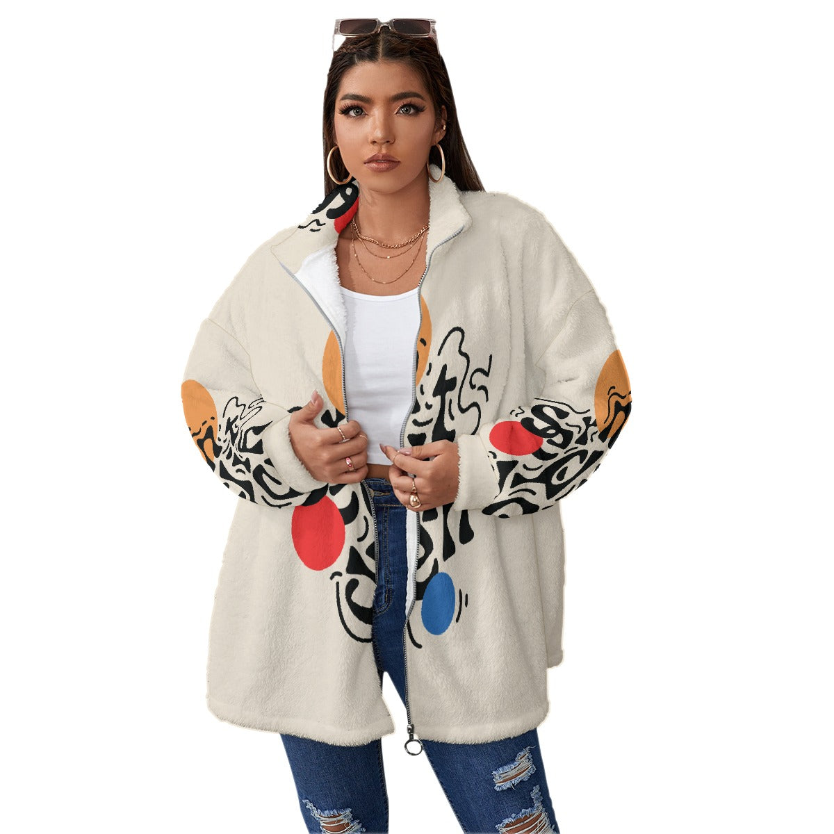 All-Over Print Unisex Borg Fleece Stand-up Collar Coat With Zipper Closure(Plus Size)