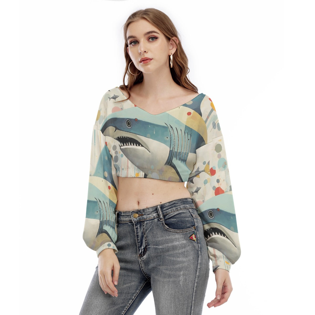 All-Over Print Women's V-neck Long Sleeve Cropped Sweatshirt