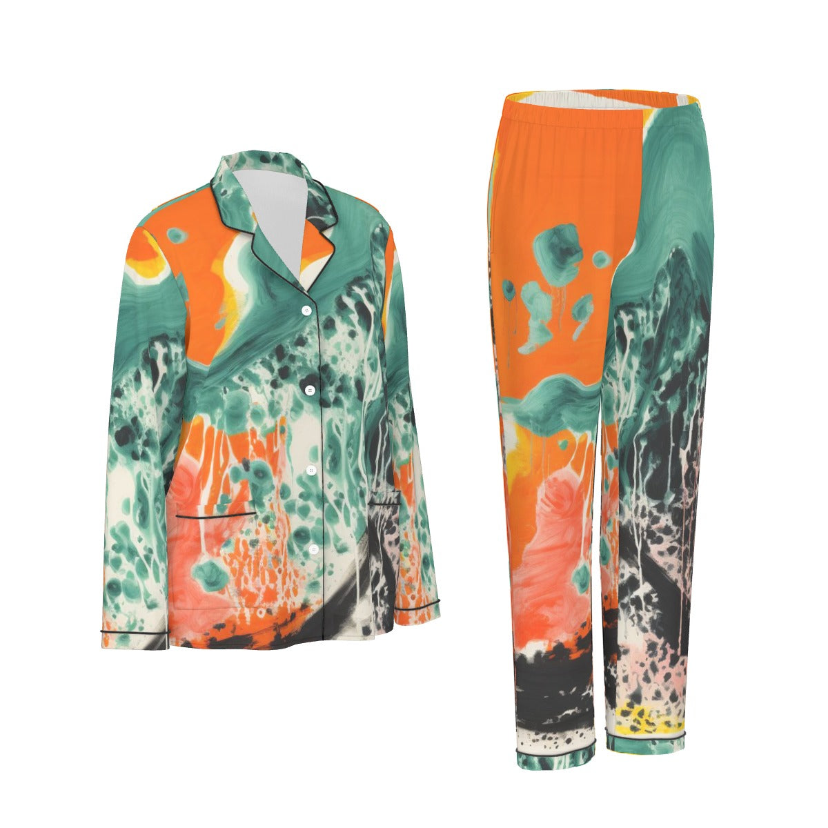 All-Over Print Women's Long Sleeve Pajama Set With Black Contrast Piping