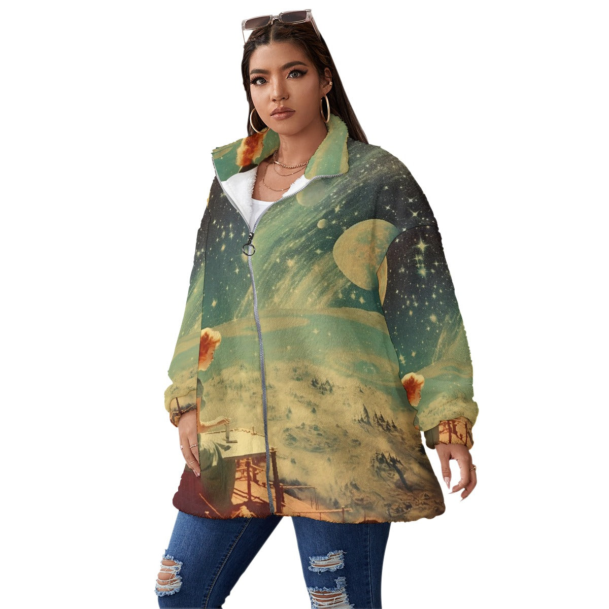 All-Over Print Unisex Borg Fleece Stand-up Collar Coat With Zipper Closure(Plus Size)
