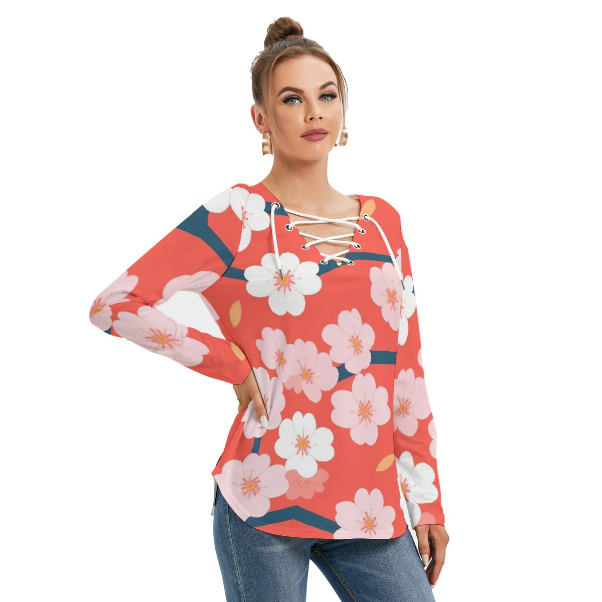 All-Over Print Women's Long Sleeve Neckline Tie Sweatshirt